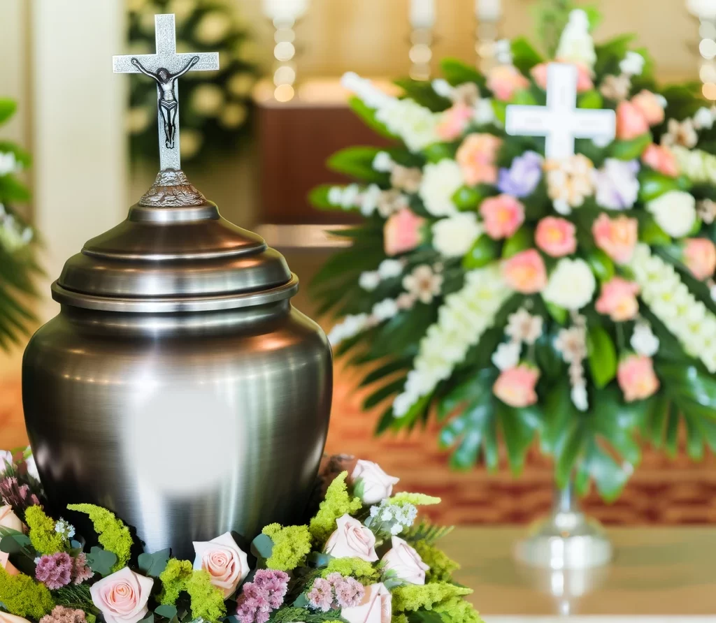 urna pogrzebowa w kościele ozdobiona wiązankami pogrzebowymi